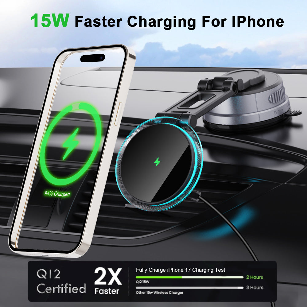 Magnetic Car Phone Mount – 15W Wireless Charging & Hands-Free Use